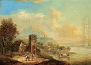 Flusslandschaft Mit Figuren Und Kahnfahrern