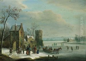 Winterlandschaft Mit Schlittschuhlaufern Vor Einem Dorf