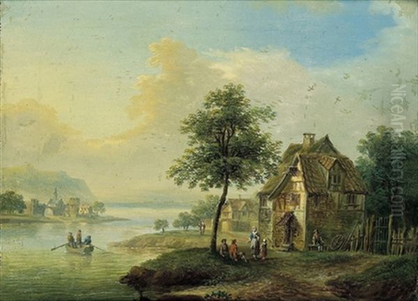 Sommerlandschaft Mit Dorf An Einem Fluss, Einem Ruderboot Und Figuren - view 1