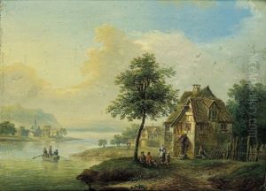 Sommerlandschaft Mit Dorf An Einem Fluss, Einem Ruderboot Und Figuren