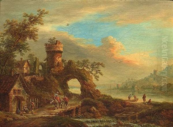 Pittoreske Fluslandschaft Mit Ruinen Und Figurenstaffage (+ Another Similar; Pair) - view 1