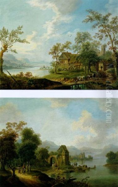 Fluslandschaft Mit Booten, Reitern, Einer Herde, Wassermuhlen Und Einem Turm Mit Verfallenem Torbogen - view 1