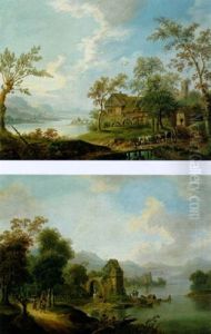 Fluslandschaft Mit Booten, Reitern, Einer Herde, Wassermuhlen Und Einem Turm Mit Verfallenem Torbogen by Franz Hochecker