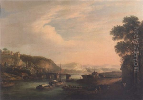 A River Landscape With Ferry Preparing To Embark With Trade Vessels Approaching A Bridge, A Watermill, Church And Town On An Embankment, Mountains Beyond - view 1