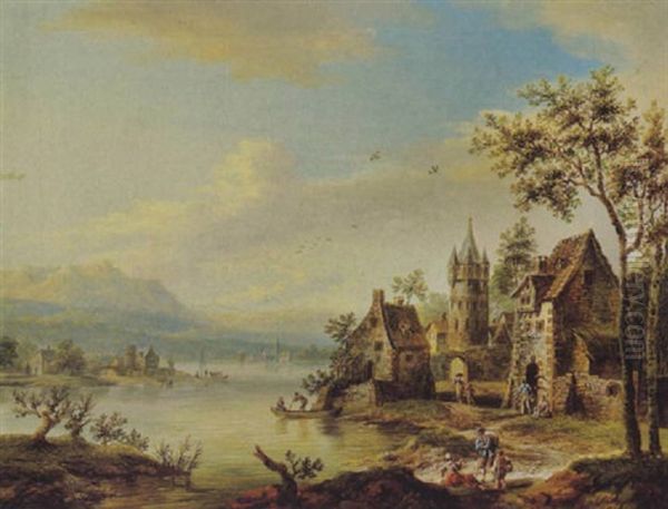 Dorf An Einem Flus Mit Booten Und Figuren - view 1