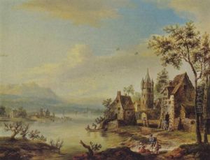 Dorf An Einem Flus Mit Booten Und Figuren by Franz Hochecker