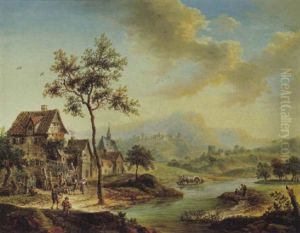 Gebirgige Fluslandschaft Mit Einem Dorf Und Figuren