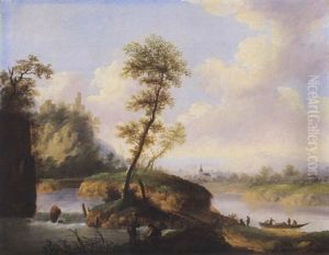 Flusslandschaft Mit Fischern Und Booten by Franz Hochecker