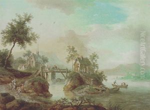 Flusslandschaft Mit Fussgangern Und Booten Flusslandschaft Mit Fussgangern Und Booten