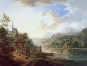 Fluslandschaft Mit Figuren Vor Einem Dorf