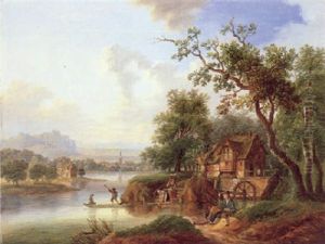 Fluslandschaft Mit Fischern Bei Einer Wassermuhle Fluslandschaft Mit Fischern Bei Einer Wassermuhle
