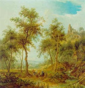 Bewaldete Landschaft Mit Einer Wassermuhle Und Einer Burgruine by Franz Hochecker