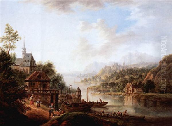 Flusslandschaft Mit Figuren, Links Im Vordergrund Personen Im Gesprach Vor Einem Dorf - view 1