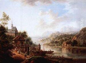 Flusslandschaft Mit Figuren, Links Im Vordergrund Personen Im Gesprach Vor Einem Dorf