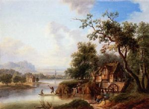 Flusslandschaft Mit Fischer Bei Einer Wassermuhle by Franz Hochecker