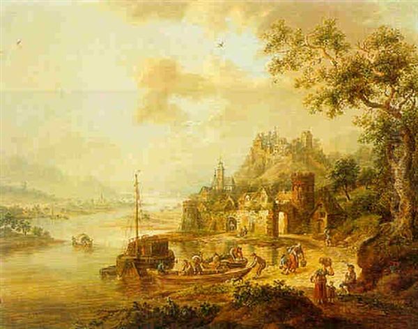 A Rhenish River Landscape With Figures Unloading A Vessel, A Town Nearby - view 1