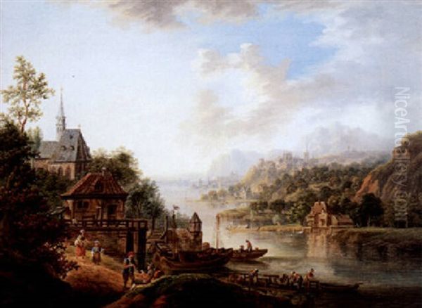 Flusslandschaft Mit Figuren, Links Im Vordergrund Personen Im Gesprach Vor Einem Dorf, Rechts Im Hintergrund Eine Stadt Mit Schloss - view 1