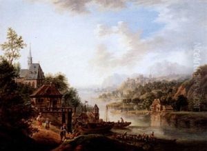 Flusslandschaft Mit Figuren, Links Im Vordergrund Personen Im Gesprach Vor Einem Dorf, Rechts Im Hintergrund Eine Stadt Mit Schloss