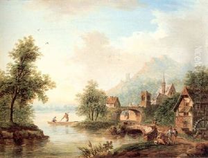A Rhine Landscape With A Mill And Figures by Franz Hochecker