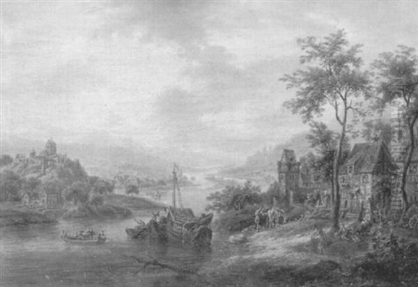 Belebte Flusslandschaft Mit Figuren, Hausern Und Booten - view 1