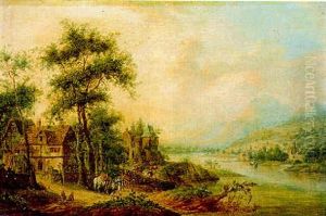 Flusslandschaft Mit Wagen Und Personen Am Ufer