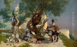 Italienische Landschaft Mit Campesinos In Einem Olivenhain