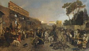 Abendliches Treiben An Der Porta Maggiore In Rom by Franz Gustav Hochmann