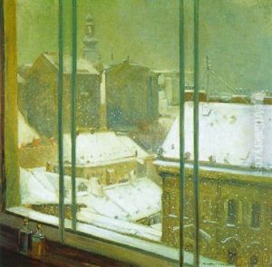 Blick Aus Dem Atelierfenster Auf Verschneite Dacher by Ernst Hochschartner