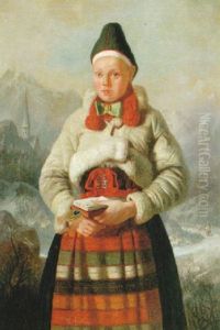 Flicka Fran Vikarebyn - Kulla I Rattviksdrakt, I Fonden Landskap Med Figurer by Johan Fredrik Hoeckert