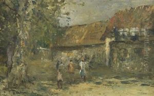 Bauerngehoft Mit Drei Figuren by Rudolf Hoeckner