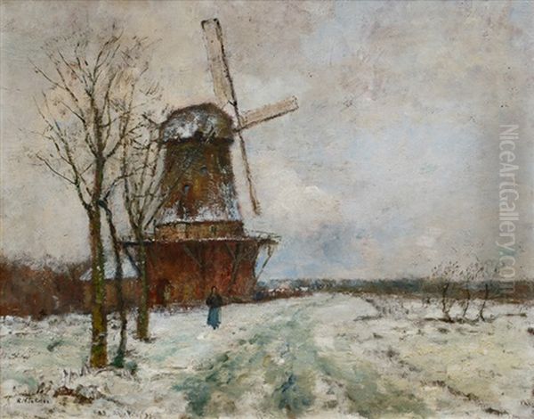 Winter Landscape With Mill And Walker by Rudolf Hoeckner