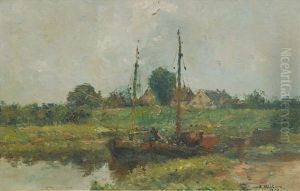 Fisherboats At A Small Harbour by Rudolf Hoeckner