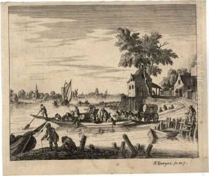 Fluslandschaft Mit Einer Beladenen Fahre by A. F. Bargas