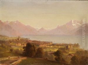 Ansicht Von Vevey Mit Blick Auf See Und Berge