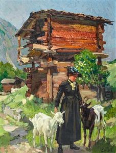 Walliserin Mit Ziegen by Ernst Hodel the Younger