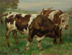 Bull And Cow In A Meadow by Ernst Hodel the Younger