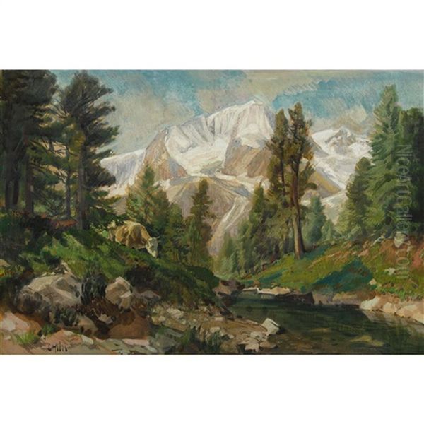 Gebirgsbach Mit Kuhen Und Vergletscherter Bergkette - view 1