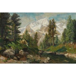 Gebirgsbach Mit Kuhen Und Vergletscherter Bergkette by Ernst Hodel the Younger