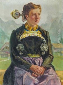 Engelberger Trachtenfrau Vor Bergkulisse by Ernst Hodel the Younger