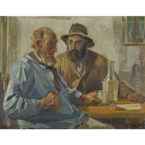 Interieur Mit Zwei Mannern Am Tisch by Ernst Hodel the Younger