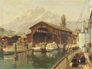 Blick Auf Die Alte Schiffswerft In Luzern Und Den Verschneiten Pilatus