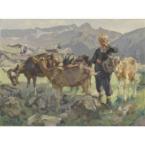 Junge Mit Ziegenherde Auf Der Alp by Ernst Hodel the Younger