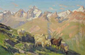 Schafherde Auf Der Alp, Vor Bergpanorama by Ernst Hodel the Younger