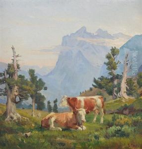 Zwei Kuhe Auf Der Alp by Ernst Hodel the Younger