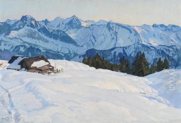 Tief Verschneite Gebirgslandschaft Mit Alphutten In Abendsonne - view 1