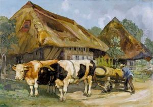 Bauerngehoft Mit Rindergespann by Ernst Hodel the Younger
