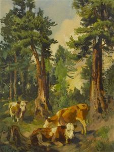 Weidende Kuhe Auf Einer Waldlichtung by Ernst Hodel the Younger
