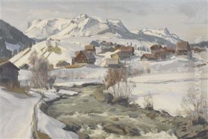 Verschneite Berglandschaft Mit Einem Bach by Ernst Hodel the Younger