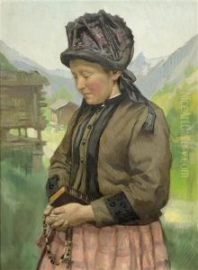 Frau In Wallisertracht Mit Einem Bergdorf Im Hintergrund by Ernst Hodel the Younger