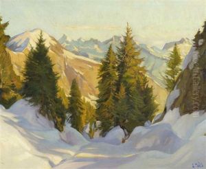Rigi Und Rothfluh Bei Sonnenuntergang by Ernst Hodel the Younger